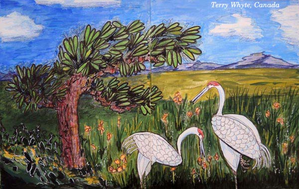 Terry Whyte, Canada, Terttu Laitinen, Finland, mixed media art created at the art journaling class Flowing Greenery