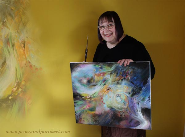 Paivi from Peony and Parakeet and her painting in progress.