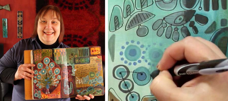 Modern Mid-century art journaling class, create a collage from hand-drawn decorative shapes!