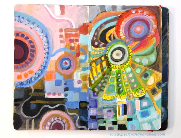 An art journal spread in a Moleskine Sketchbook. Pastels with brights by Peony and Parakeet.