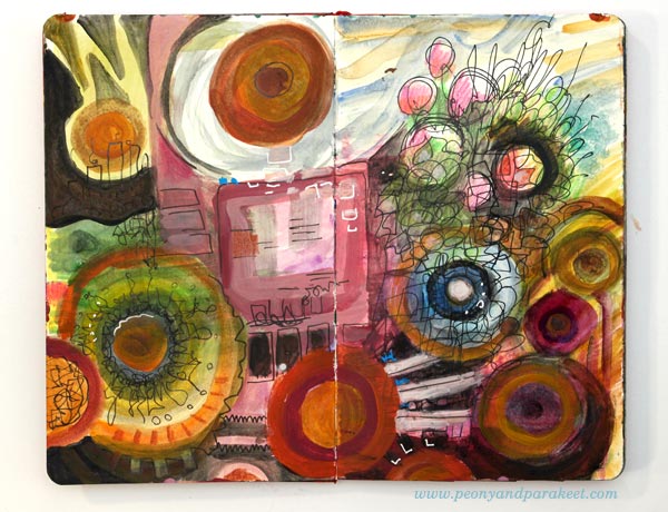 An art journal spread in a Moleskine Sketchbook. Ideas by Peony and Parakeet.