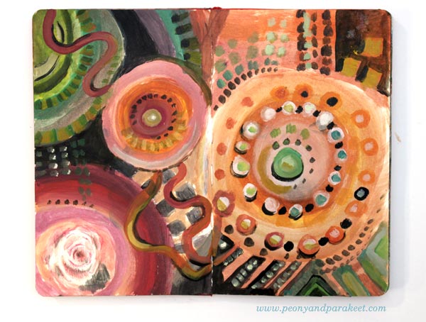 An art journal spread in a Moleskine Sketchbook. Color ideas by Peony and Parakeet.