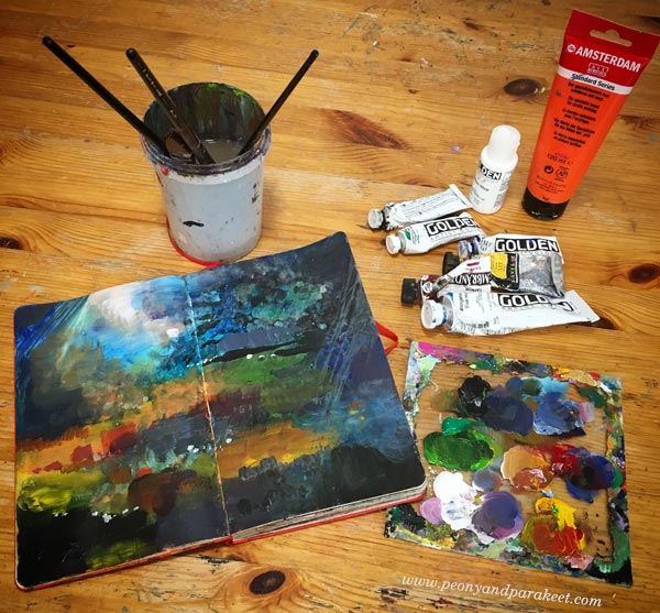 An art journal spread in a Moleskine Sketchbook. Using up left-over paint by Peony and Parakeet.