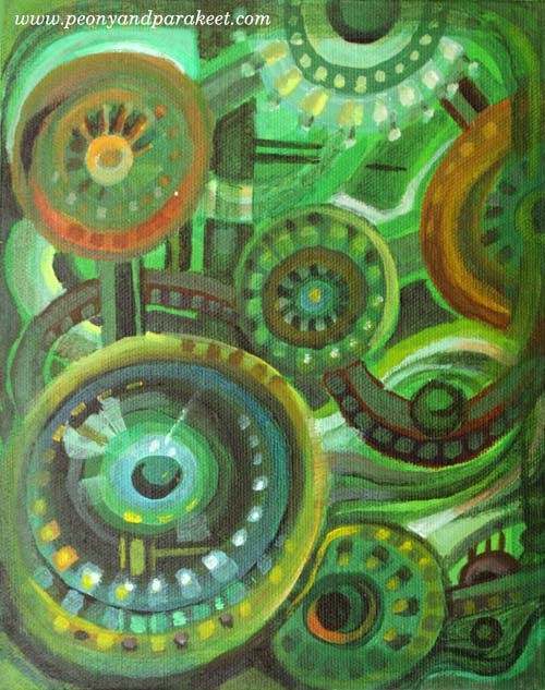 Green talks to Black, a painting by Peony and Parakeet. Get inspired by using interior color schemes in your art!