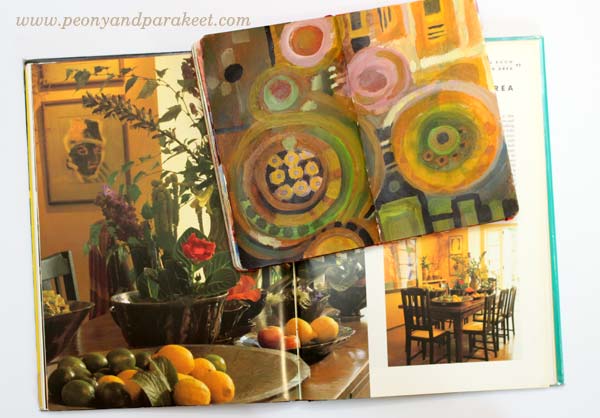 An art journal spread by Peony and Parakeet and Tricia Guild's book Design and Detail. Get inspired by using interior color schemes in your art!