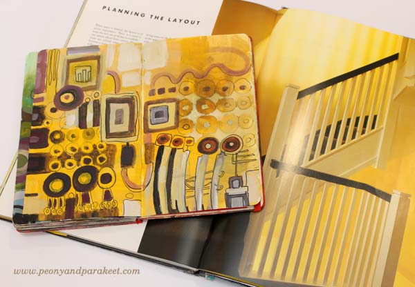 An art journal spread by Peony and Parakeet and Tricia Guild's home decor book Design and Detail. Get inspired by using interior color schemes in your art!
