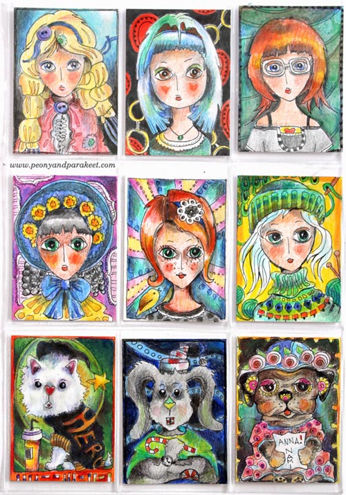 Hand-drawn ATC cards by Paivi Eerola from Peony and Parakeet.