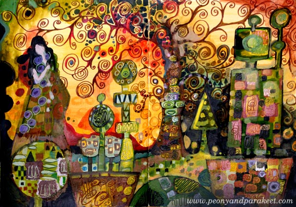 An art journaling spread inspired by Gustav Klimt. Made for the art journaling mini-course Patterned Topiary. By Peony and Parakeet.