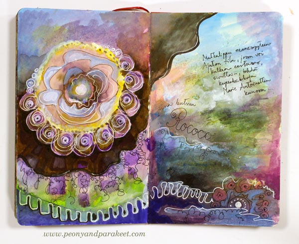 Rococo inspired page on a Moleskine Sketchbook, by Peony and Parakeet.