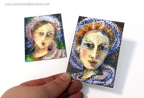 ATCs that are like pointillistic paintings but made using colored pencils and felt-tipped pens. See the step-by-step instructions! By Peony and Parakeet.