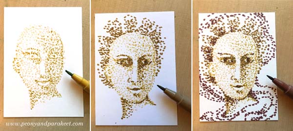 Pointillism, step by step. Step 1, under-dotting. By Peony and Parakeet.