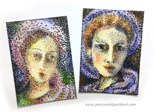 Pointillism-themed artist trading cards. See the step-by-step instructions. By Peony and Parakeet.