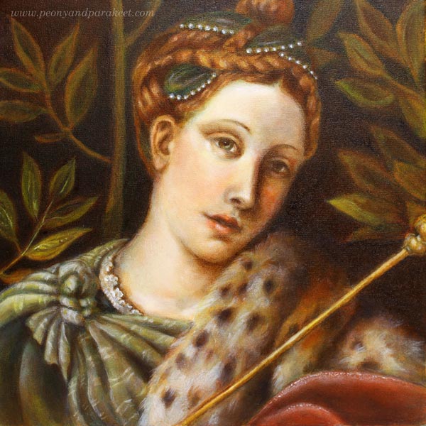 Draming Salome, an oil painting by Paivi Eerola from Peony and Parakeet. A copy of a detail from Loretto da Brescia's old painting "Portrait of a Lady as Salome".