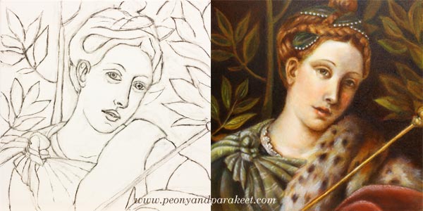 A sketch and the finished painting using old masters techniques. By Paivi Eerola from Peony and Parakeet.