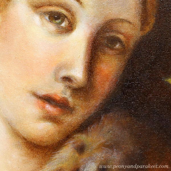 A detail of a painting made using old masters painting techniques. By Paivi Eerola from Peony and Parakeet.