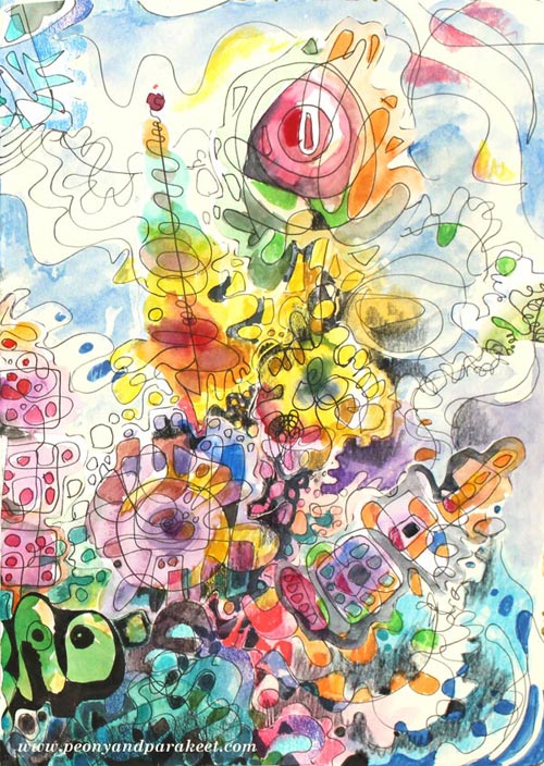 A handdrawn collage by Peony and Parakeet. Her course Inspirational Drawing 2.0 teaches how to create these + more!