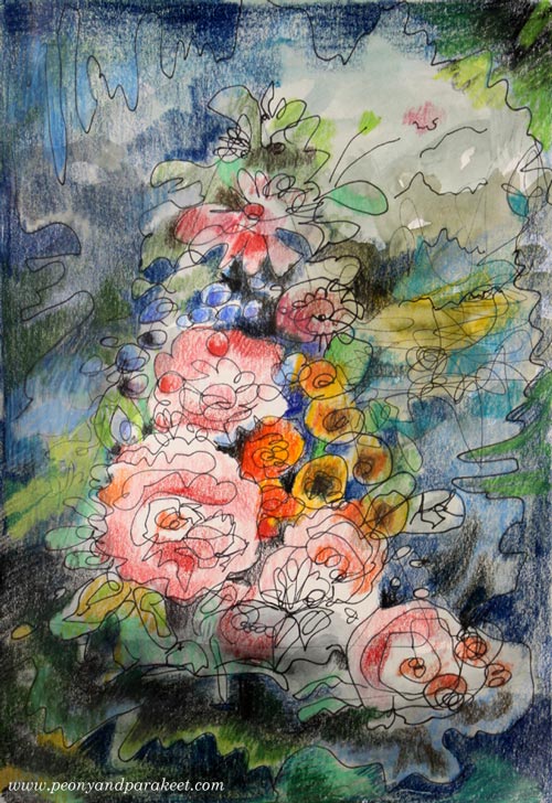Intuitive mixed media drawing inspired by old still life paintings. See step by step instructions for making this! By Paivi Eerola from Peony and Parakeet.