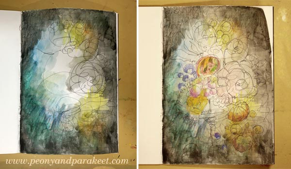 Making of an intuitive mixed media drawing inspired by old still life paintings. By Paivi Eerola from Peony and Parakeet.