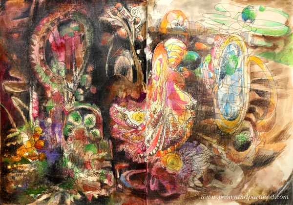Storyteller's Power, a mixed media drawing by Paivi Eerola from Peony and Parakeet. Read more about expressing inspiration through art!
