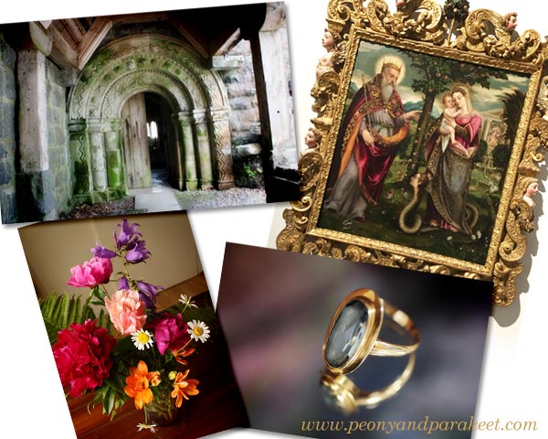 A set of inspiration images for creating art. One of the image is Luca Mombello¨s painting The Immaculate and God the Father"