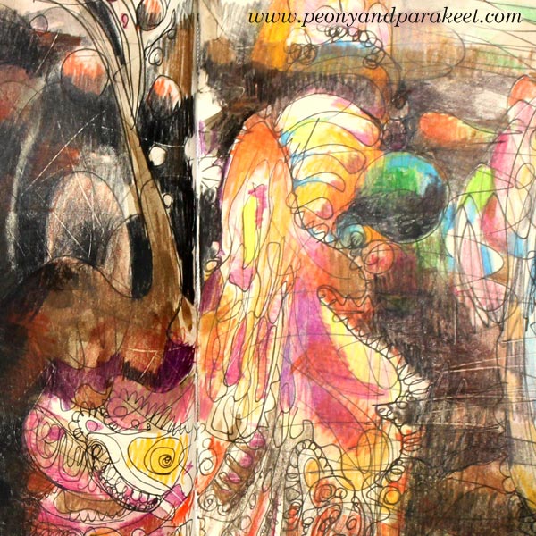 A detail of Storyteller's Power, a mixed media drawing by Paivi Eerola from Peony and Parakeet. Read more about expressing inspiration through art!