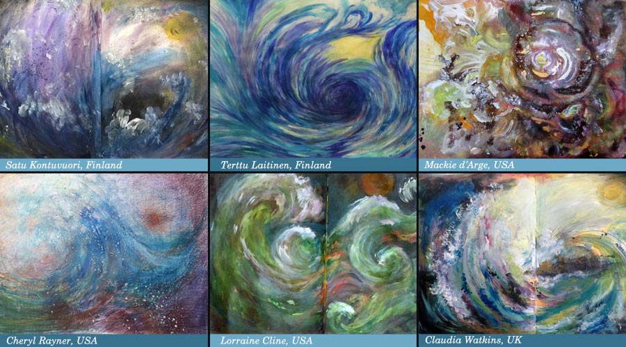 Mixed media seascapes made from the class Stormy Scenery. The class is offered by Peony and Parakeet.