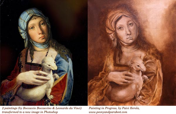 A reference image and a painting in progress. By Paivi Eerola from Peony and Parakeet.