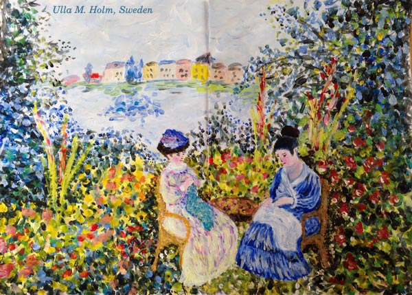 A Monet-inspired art journal spread by Ulla M. Holm, a student of Peony and Parakeet.