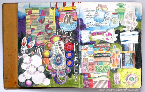 An art journal page spread from Peony and Parakeet. Dylusions Creative Journal. See the flip-through video!