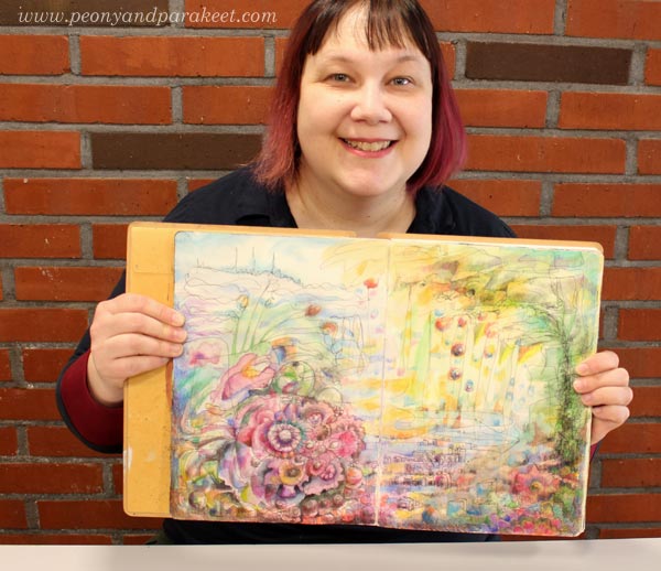 Paivi from Peony and Parakeet and her mixed media art journal page spread.
