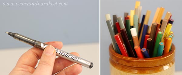 Art supplies for freehand drawing. By Peony and Parakeet.