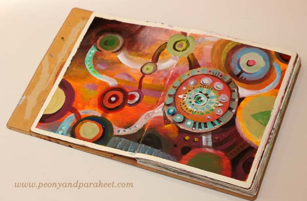 Art journal spread by Paivi Eerola from Peony and Parakeet. This is called "My Mind's Eye" and it's made with a method that she has developed for the class Planet Color.