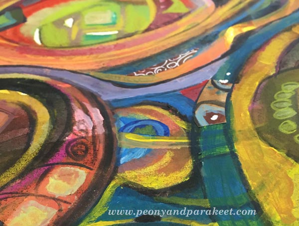 A detail of a mixed media painting by Paivi Eerola from Peony and Parakeet.