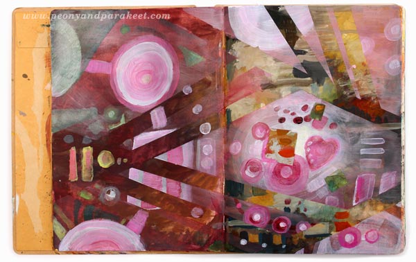 Boosting Imagination, an art journal page spread by Peony and Parakeet. Sign up for her painting class Planet Color to create fun and colorful abstracts!