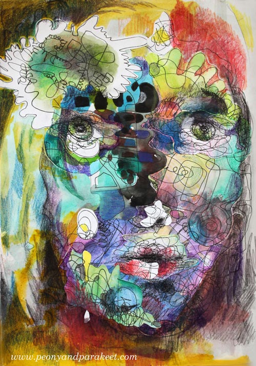 Self-Portrait in Mixed Media, by Paivi Eerola from Peony and Parakeet. See her illustrated tips about removing stiffness when drawing faces!