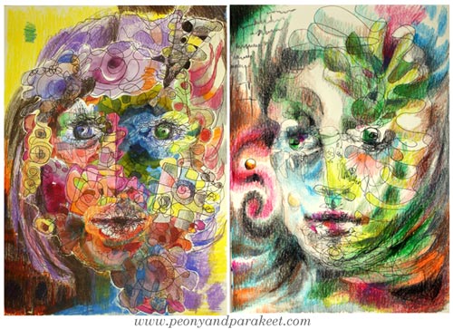 Portraits by Peony and Parakeet. See Paivi Eerola's tips about how to remove stiffness when drawing faces and when creating faces in mixed media! She also has a class called Inspirational Drawing 2.0 where you will learn to make these!