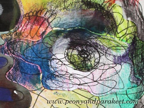 A detail of a mixed media portrait by Peony and Parakeet. See Paivi Eerola's tips about how to remove stiffness when creating mixed media faces!