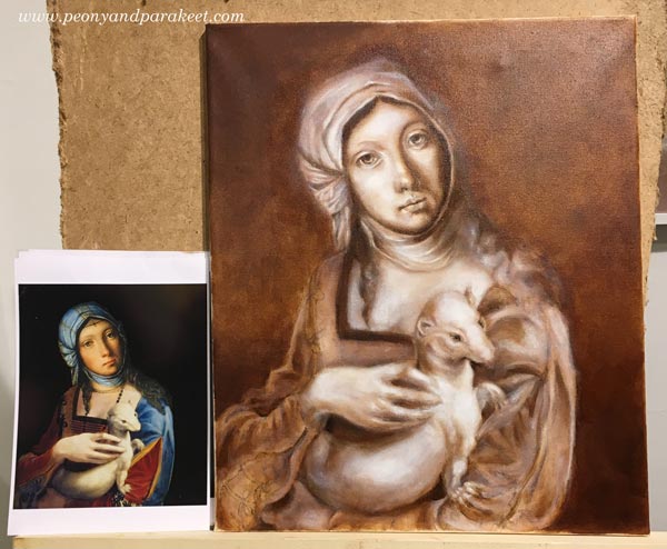 Making of a Gypsy Madonna using old masters painting techniques, underpainting, by Paivi Eerola from Peony and Parakeet
