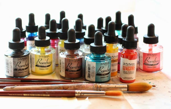 Dr. Ph. Marten's Hydrus Watercolors and Bombay India Inks. A photo by Paivi Eerola, a visual artist from Finland.