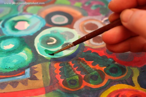 Mixed media painting in progress. By Paivi Eerola from Peony and Parakeet.