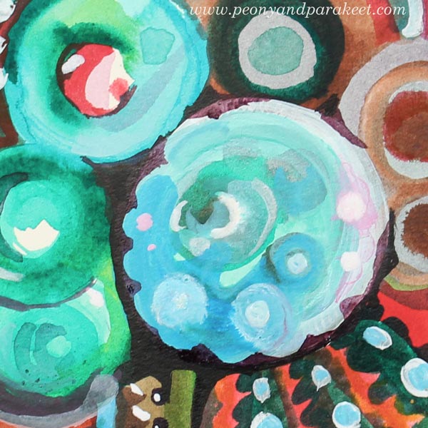 A detail of a mixed media painting. Dr. Ph. Marten's Hydrus Watercolors and Bombay India Inks. By Paivi Eerola from Peony and Parakeet. Read her thoughts about finding the purpose for your art making!
