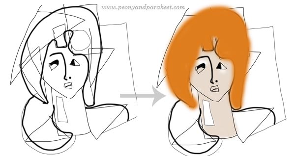 A step-by-step guide to drawing a portrait in Helene Schefbeck's style, by Paivi Eerola from Peony and Parakeet, step 3.