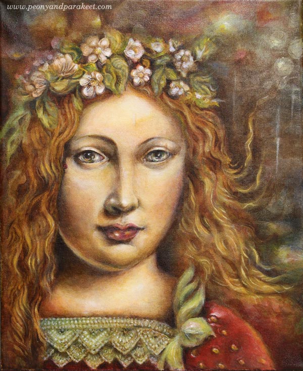 Strawberry Madonna, an acrylic painting by Paivi Eerola from Peony and Parakeet