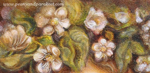 A detail of Strawberry Madonna, an acrylic painting by Paivi Eerola from Peony and Parakeet