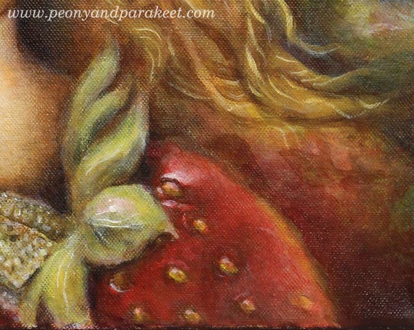 A detail of Strawberry Madonna, an acrylic painting by Paivi Eerola from Peony and Parakeet