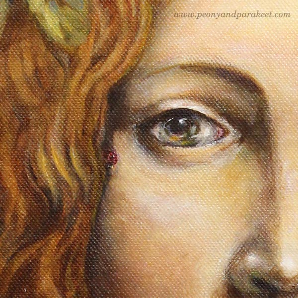 A detail of Strawberry Madonna, an acrylic painting by Paivi Eerola from Peony and Parakeet