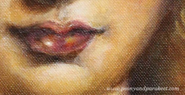 A detail of Strawberry Madonna, an acrylic painting by Paivi Eerola from Peony and Parakeet