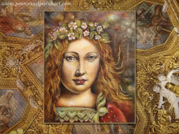 Strawberry Madonna, an acrylic painting by Paivi Eerola from Peony and Parakeet - with a ceiling from Palazzo Pitti, Florence, Italy