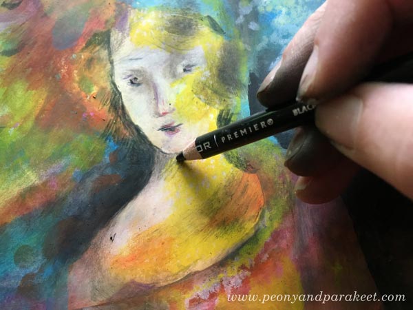 Drawing with colored pencils on a surface covered with Faber-Castell Gelato sticks. Read more tips for working with Gelatos! By Paivi Eerola from Peony and Parakeet.