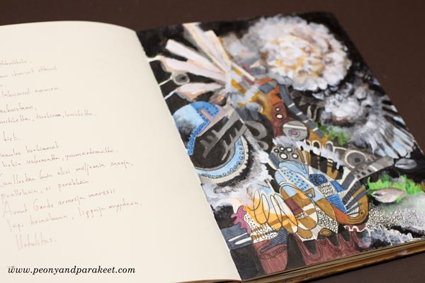 Art journal page spread with inspiration from peonies. By Paivi Eerola from Peony and Parakeet.